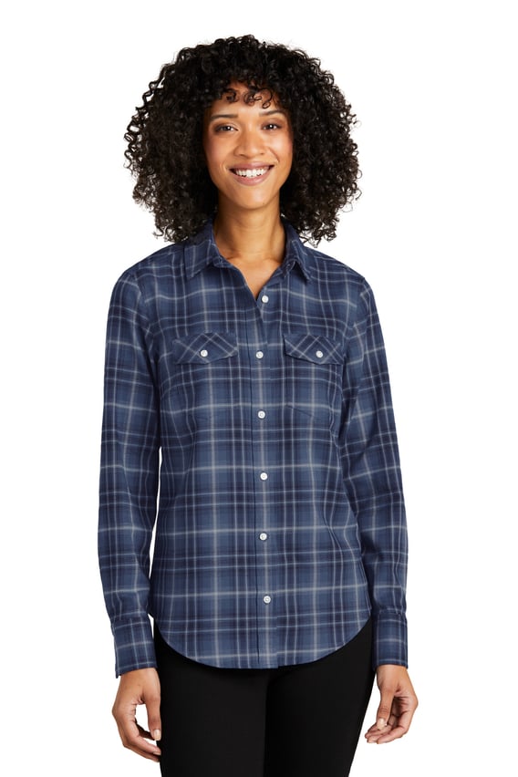 Front view of Women’s Long Sleeve Ombre Plaid Shirt