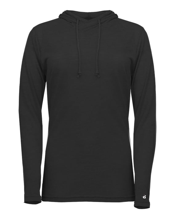 Front view of Women’s Tri-Blend Surplice Long Sleeve Hooded T-Shirt