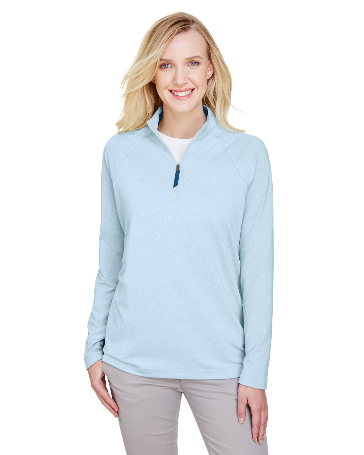Front view of CrownLux Performance® Ladies’ Clubhouse Micro-Stripe Quarter-Zip