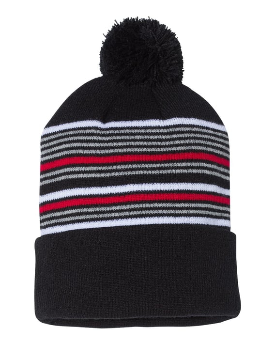 Front view of 12″ Striped Pom-Pom Knit Beanie