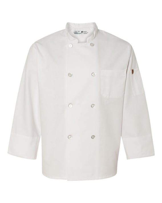 Front view of Button Chef Coat With Thermometer Pocket