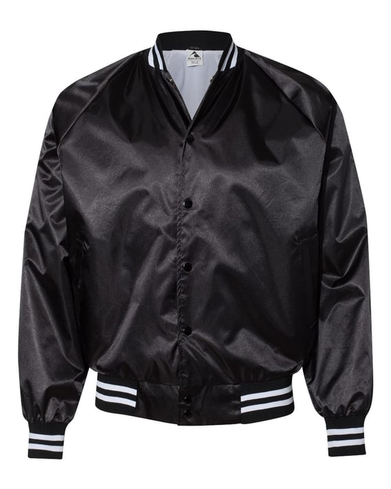 Front view of Satin Baseball Jacket Striped Trim