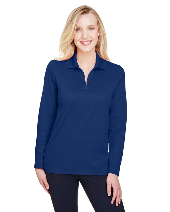 Front view of CrownLux Performance® Ladies’ Plaited Long Sleeve Polo