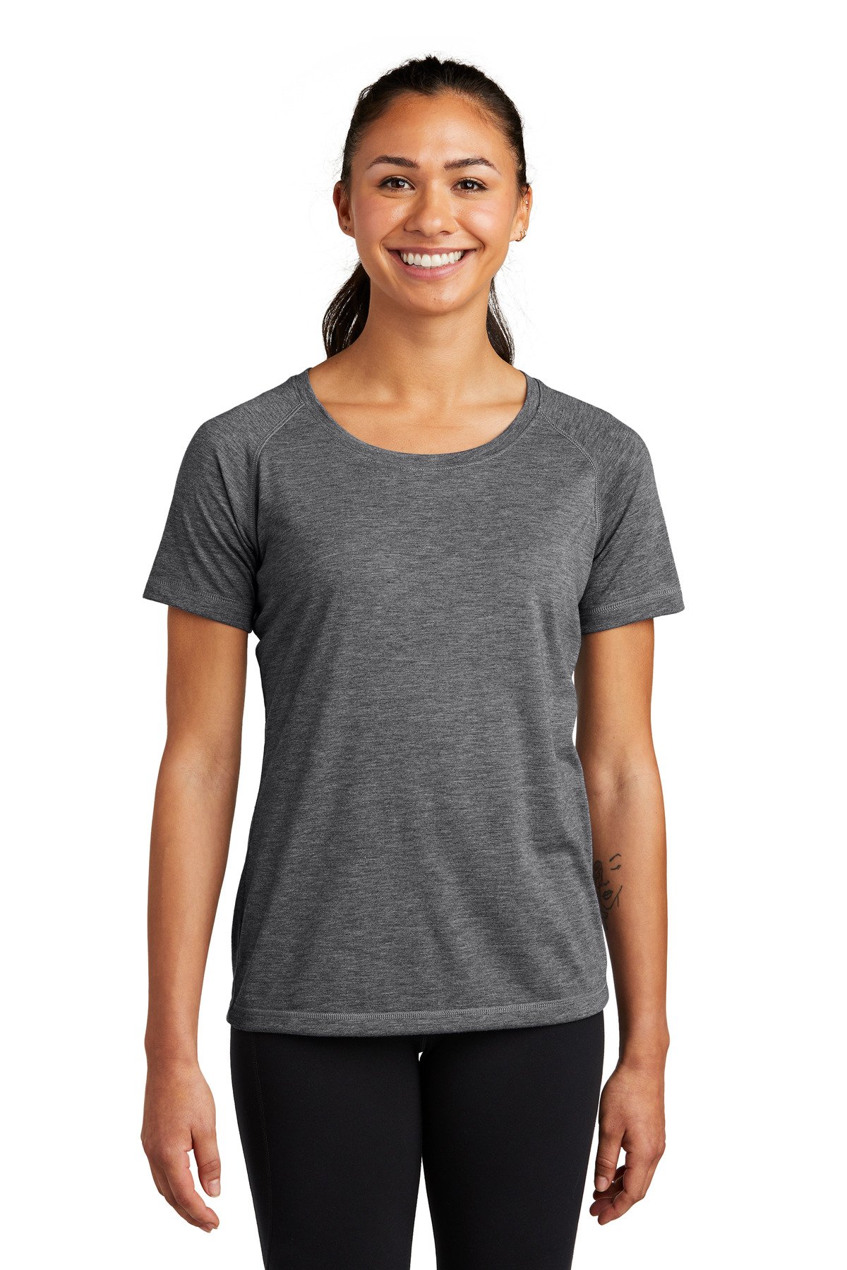 Front view of Ladies PosiCharge ® Tri-Blend Wicking Scoop Neck Raglan Tee