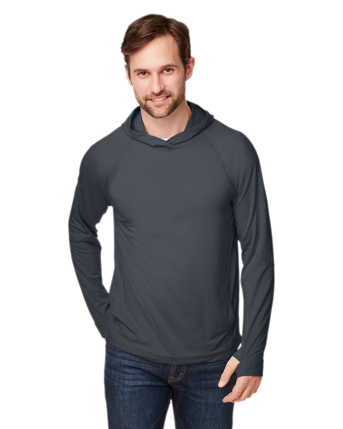 Front view of Unisex JAQ Stretch Performance Hooded T-Shirt