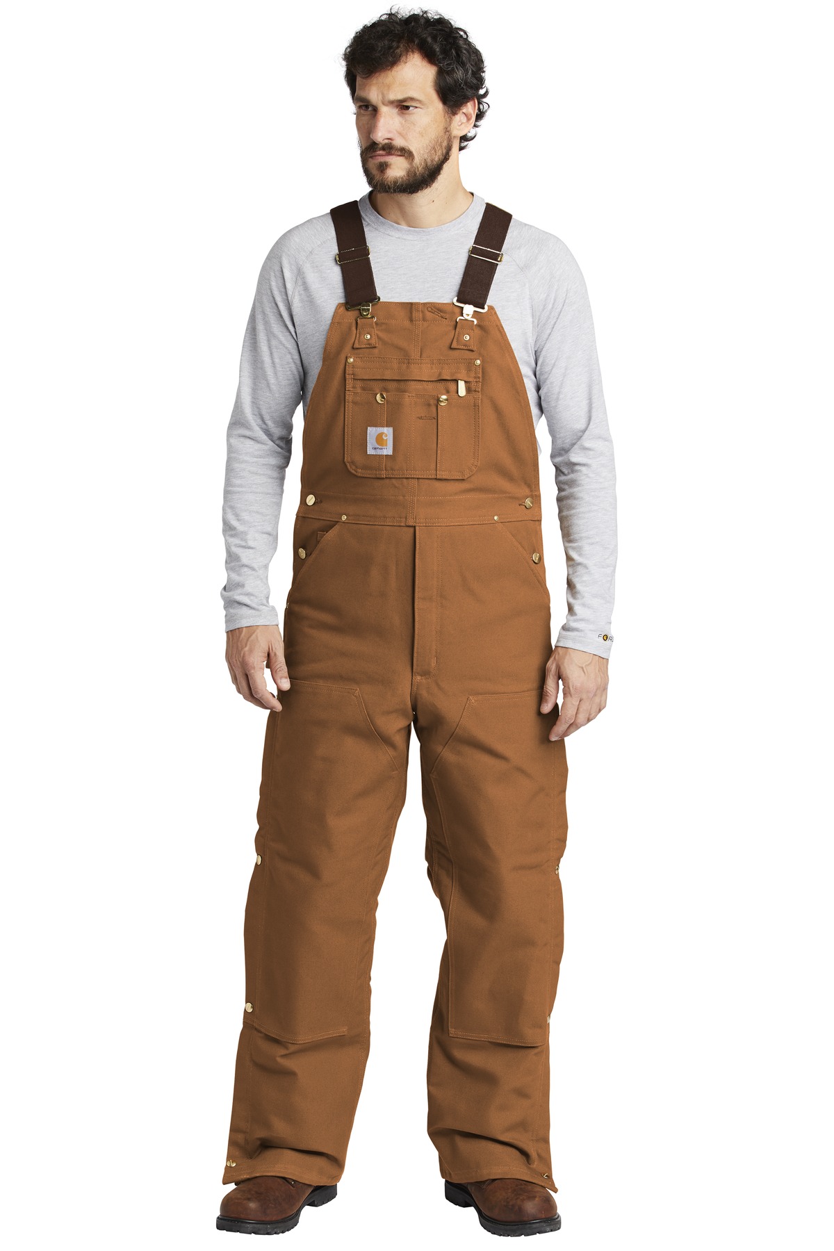 Front view of Duck Quilt-Lined Zip-To-Thigh Bib Overalls