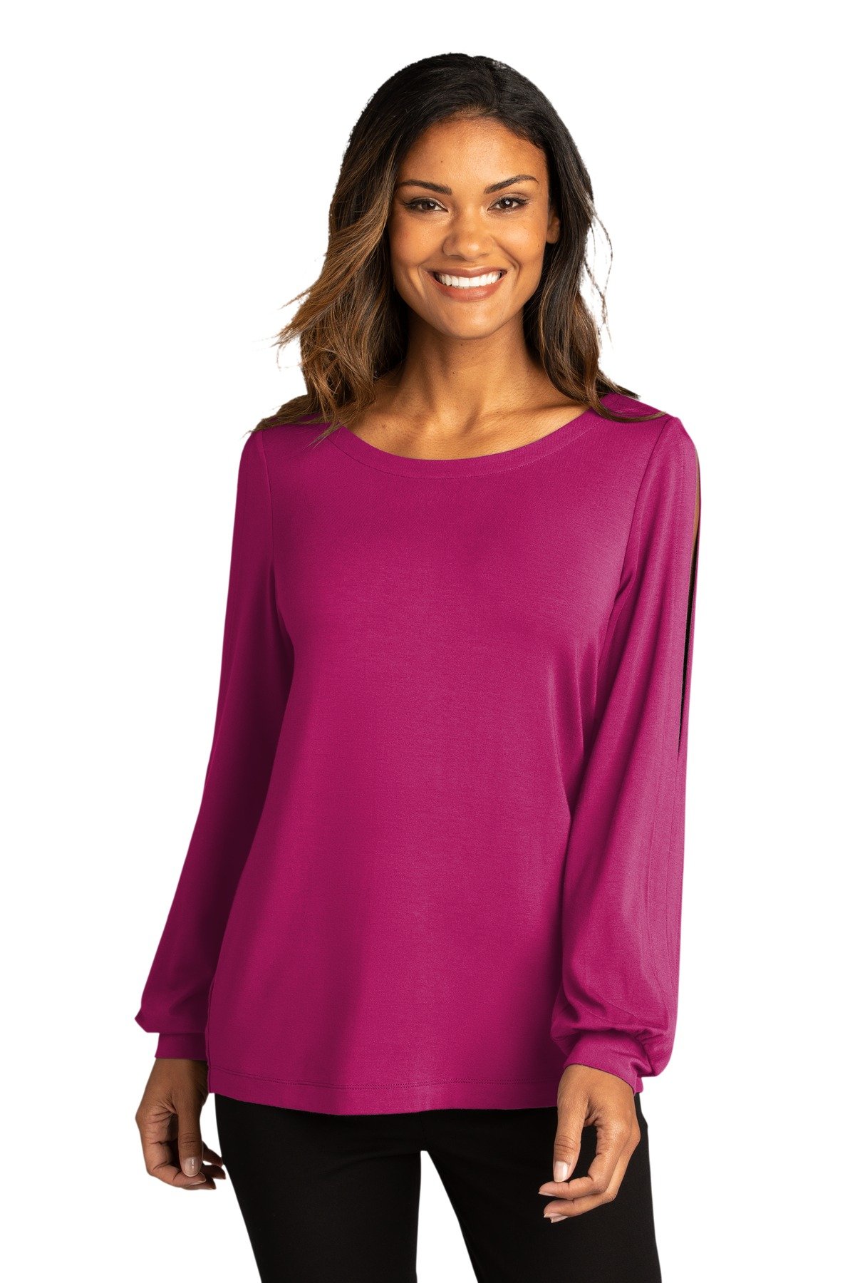 Front view of Ladies Luxe Knit Jewel Neck Top