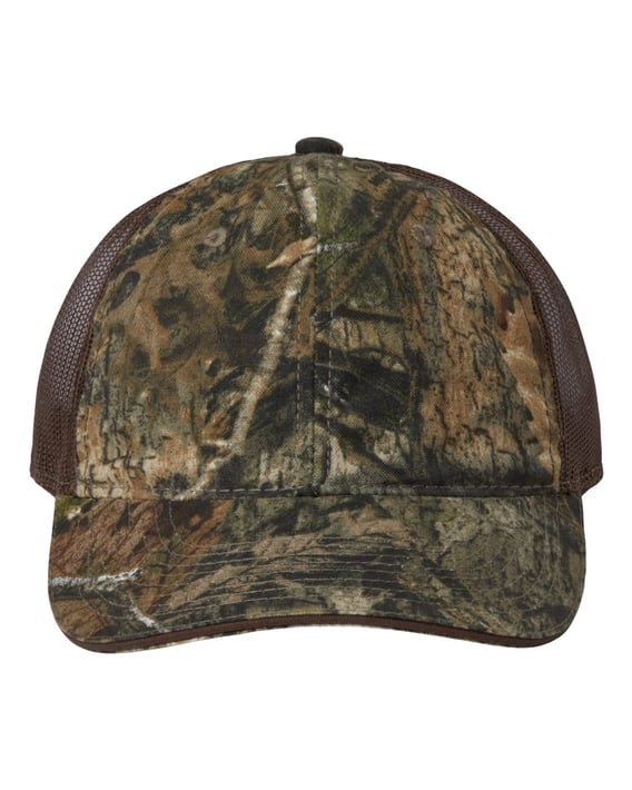 Front view of Washed Brushed Mesh-Back Camo Cap
