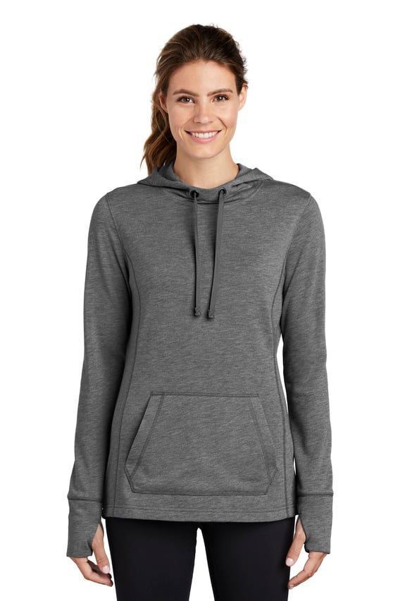 Front view of Women’s PosiCharge &reg; Tri-Blend Wicking Fleece Hooded Pullover