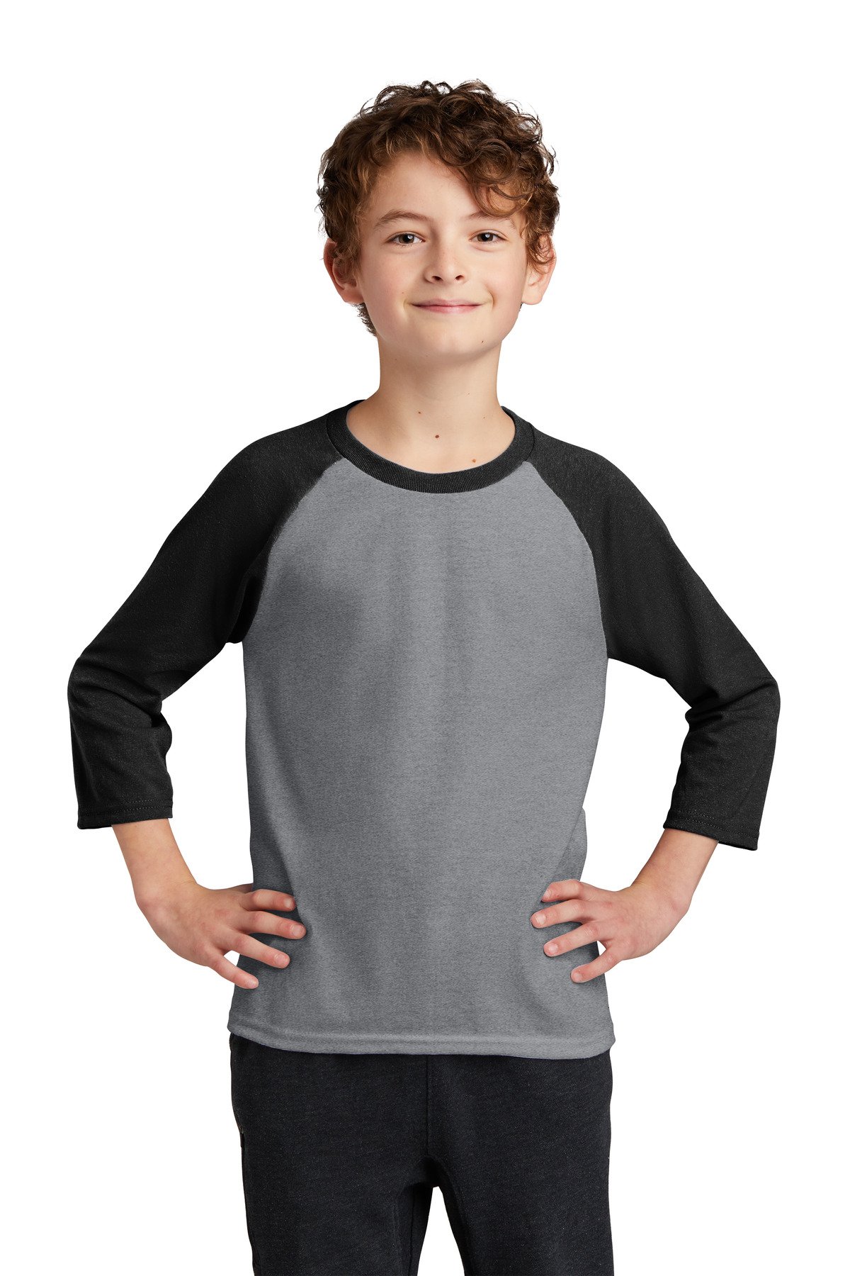 Front view of Youth Core Blend 3/4-Sleeve Raglan Tee