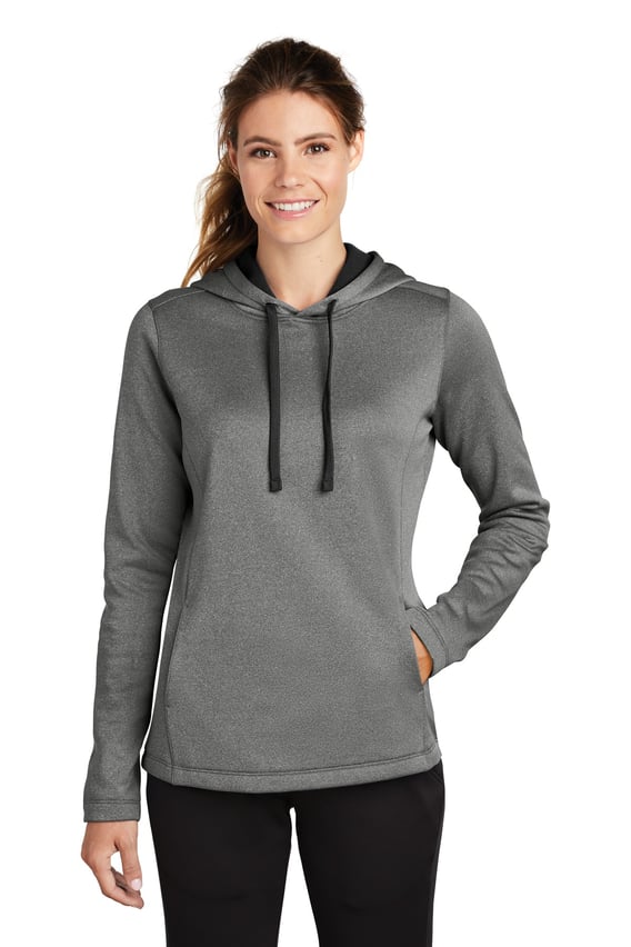 Front view of Ladies PosiCharge ® Sport-Wick ® Heather Fleece Hooded Pullover