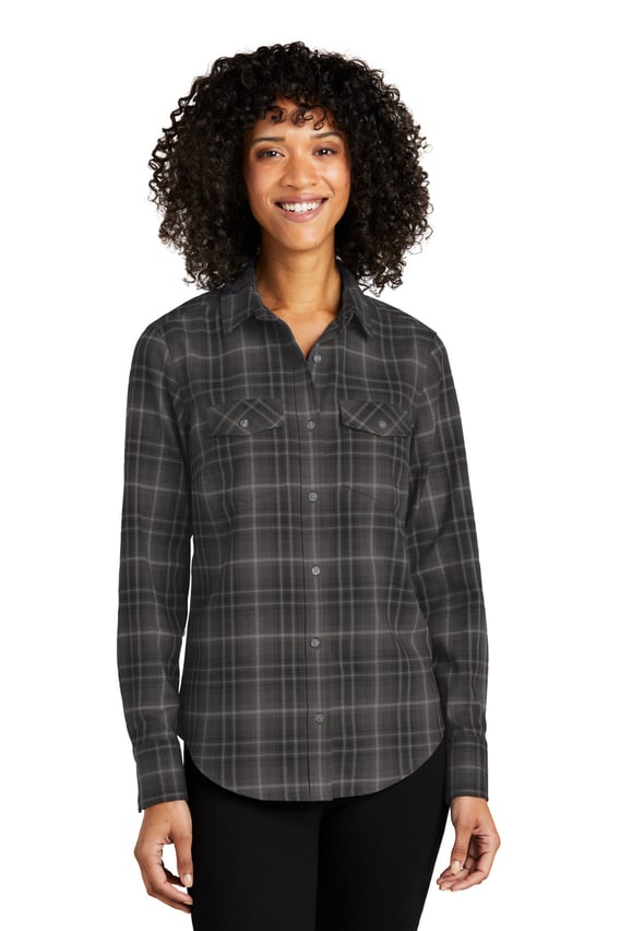 Front view of Women’s Long Sleeve Ombre Plaid Shirt