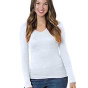 Front view of Junior’s 4.2 Oz., Fine Jersey Long-Sleeve V-Neck T-Shirt