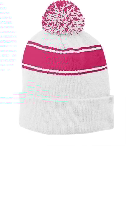 Front view of Stripe Pom Pom Beanie