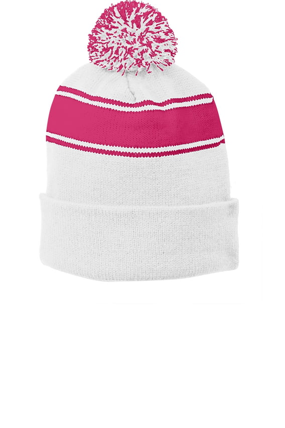 Front view of Stripe Pom Pom Beanie