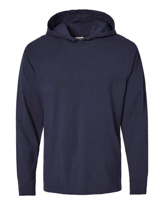 Front view of Garment-Dyed Jersey Hooded Long Sleeve T-Shirt