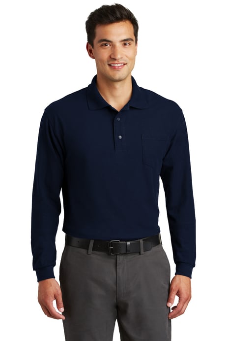 Front view of Long Sleeve Silk Touch Polo With Pocket