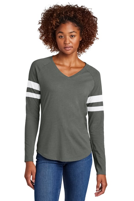 Front view of Women's Halftime Stripe Long Sleeve V-Neck Tee
