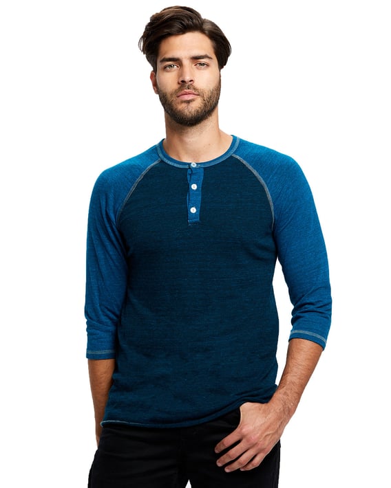 Front view of Unisex 5.2 Oz. 3/4-Sleeve Triblend Over-Dyed Raglan