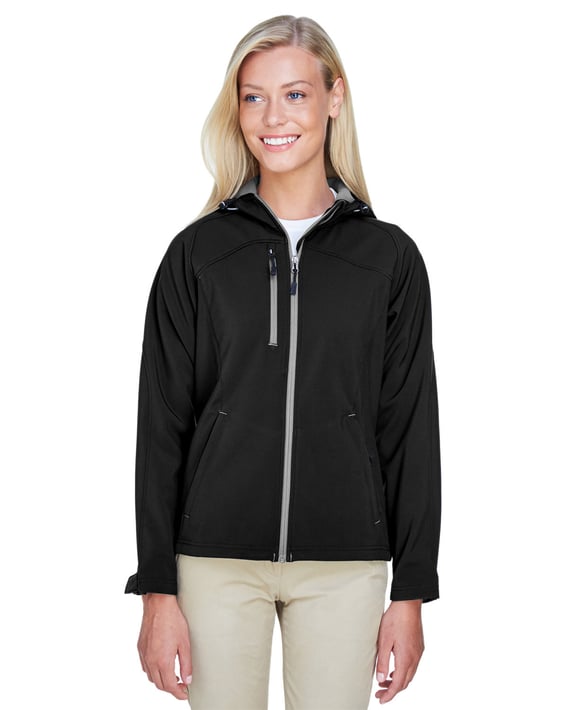 Front view of Ladies’ Prospect Two-Layer Fleece Bonded Soft Shell Hooded Jacket