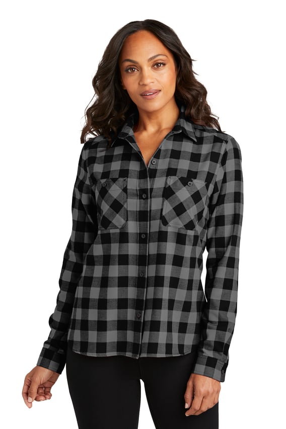 Front view of Ladies Plaid Flannel Shirt