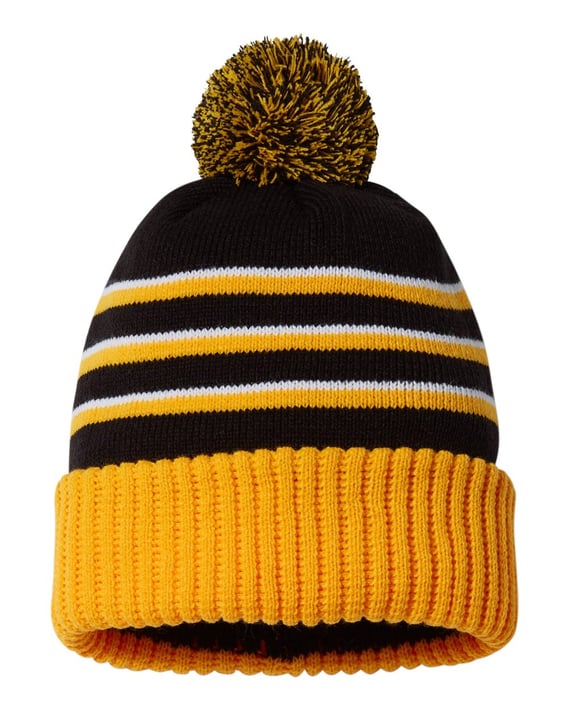Front view of Stripe Pom Cuffed Beanie
