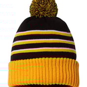 Front view of Stripe Pom Cuffed Beanie