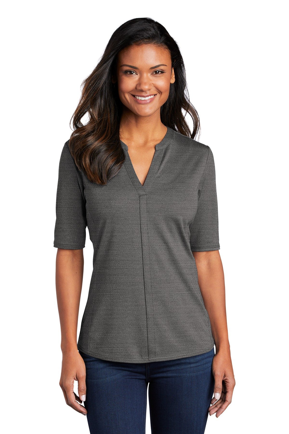 Front view of Ladies Stretch Heather Open Neck Top