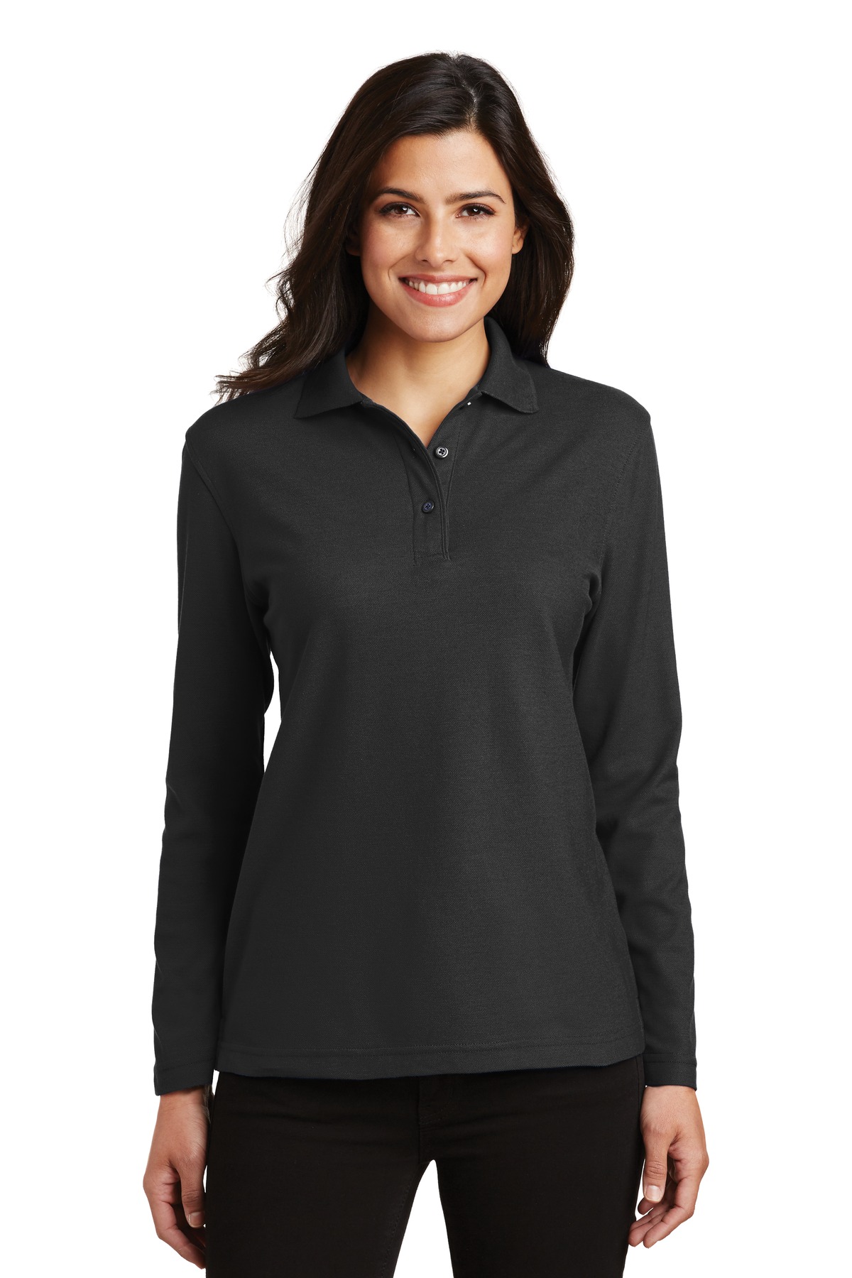 Front view of Ladies Silk Touch Long Sleeve Polo