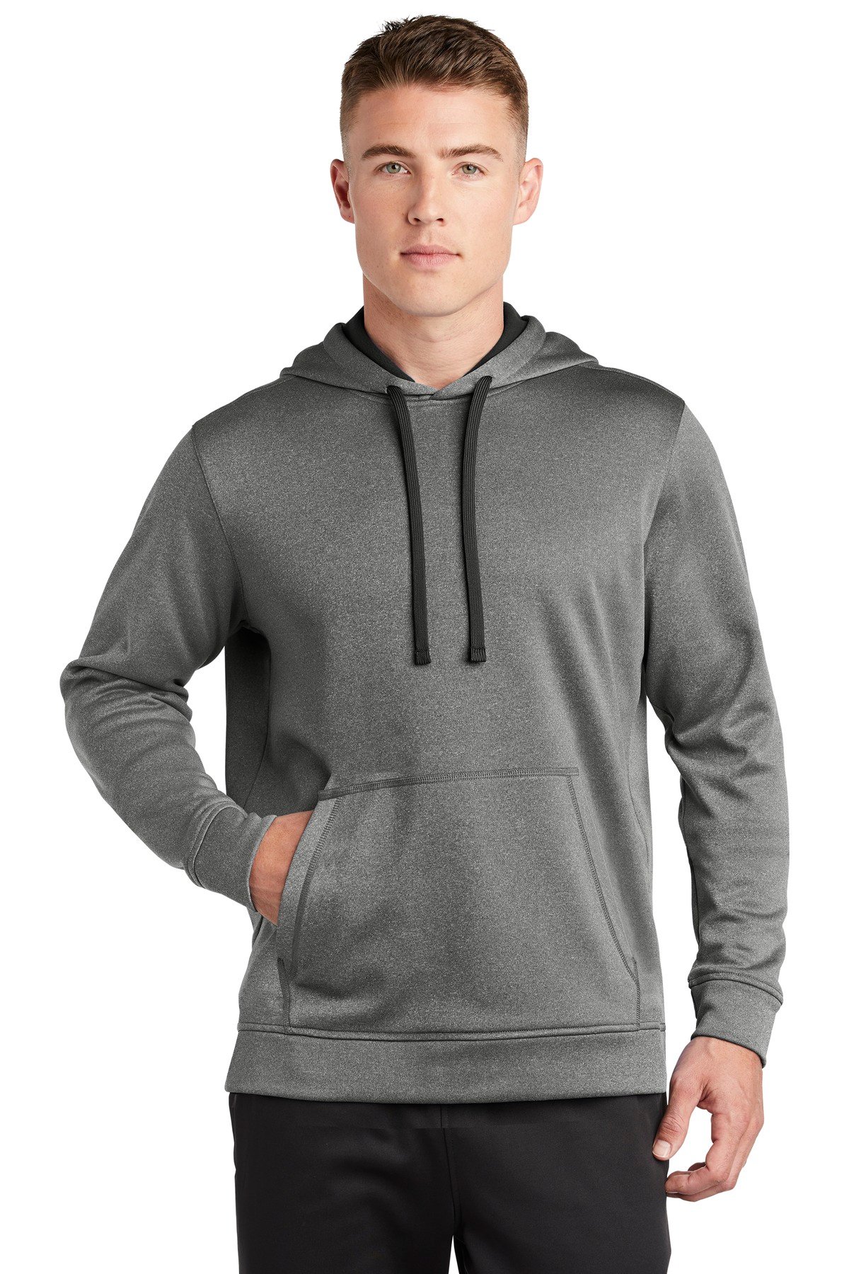 Front view of PosiCharge ® Sport-Wick ® Heather Fleece Hooded Pullover