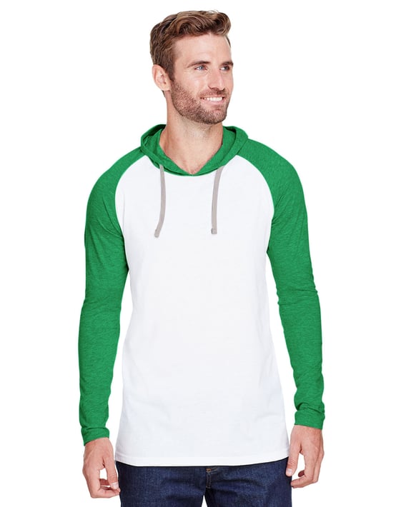 Front view of Men’s Hooded Raglan Long Sleeve Fine Jersey T-Shirt