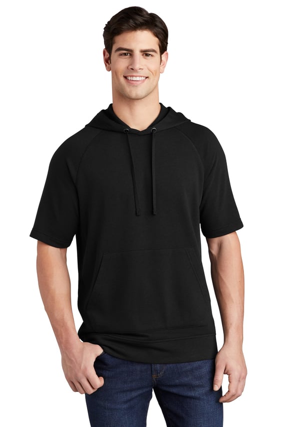 Front view of PosiCharge ® Tri-Blend Wicking Fleece Short Sleeve Hooded Pullover