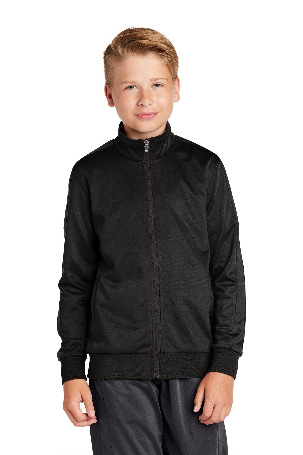 Front view of Youth Tricot Sleeve Stripe Track Jacket