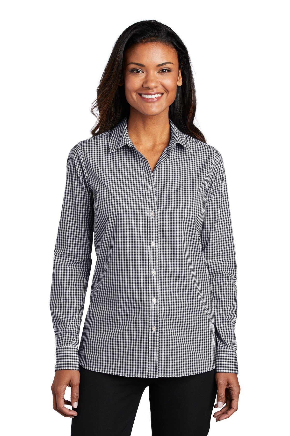 Front view of Ladies Broadcloth Gingham Easy Care Shirt
