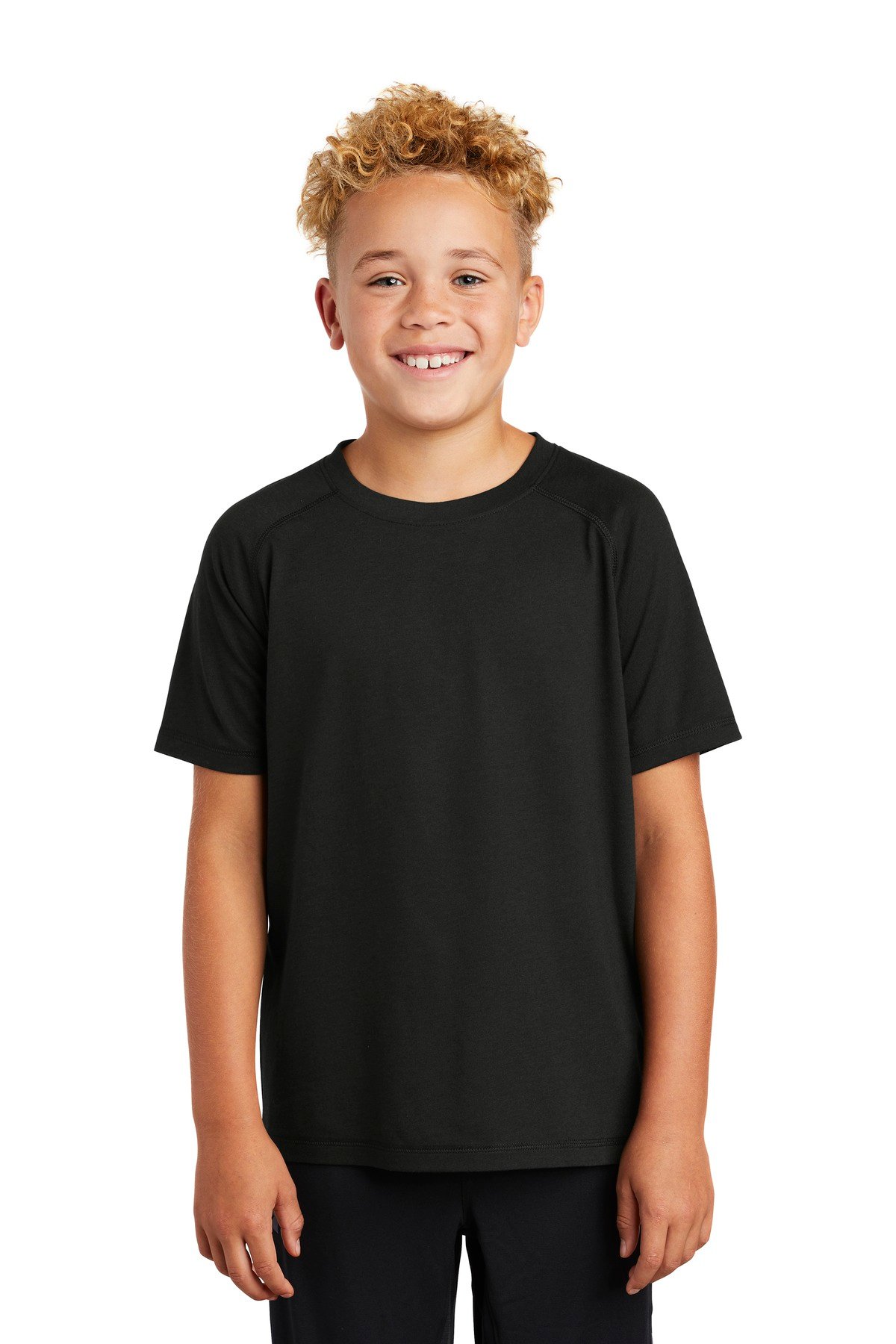 Front view of Youth PosiCharge ® Tri-Blend Wicking Raglan Tee