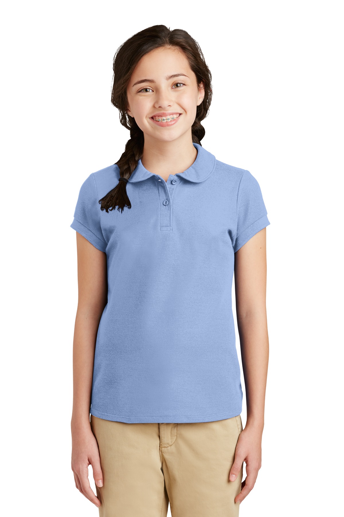Front view of Girls Silk Touch Peter Pan Collar Polo