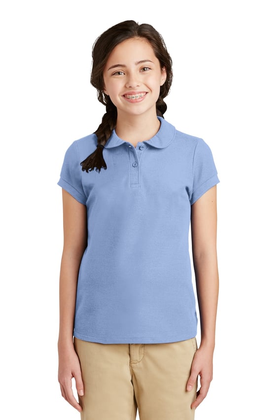 Front view of Girls Silk Touch Peter Pan Collar Polo