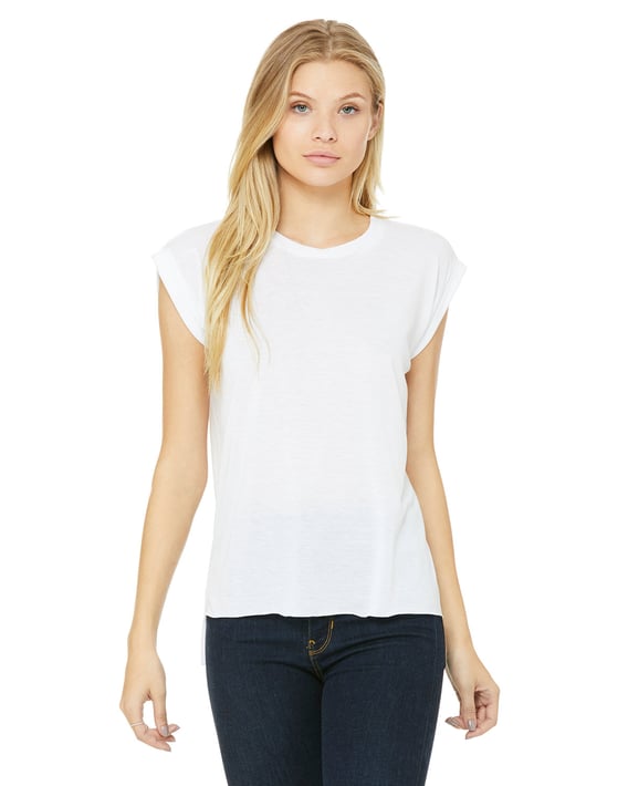 Front view of Ladies’ Flowy Muscle T-Shirt With Rolled Cuff