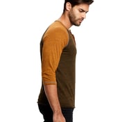 Side view of Unisex 5.2 Oz. 3/4-Sleeve Triblend Over-Dyed Raglan