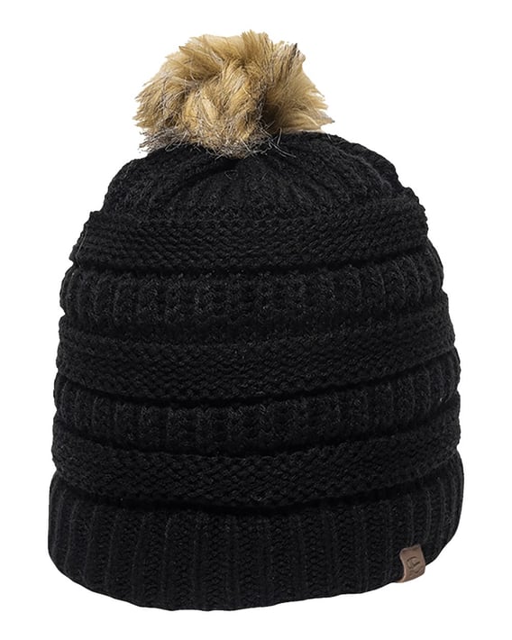 Front view of Cable Knit Faux Fur Pom