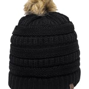 Front view of Cable Knit Faux Fur Pom