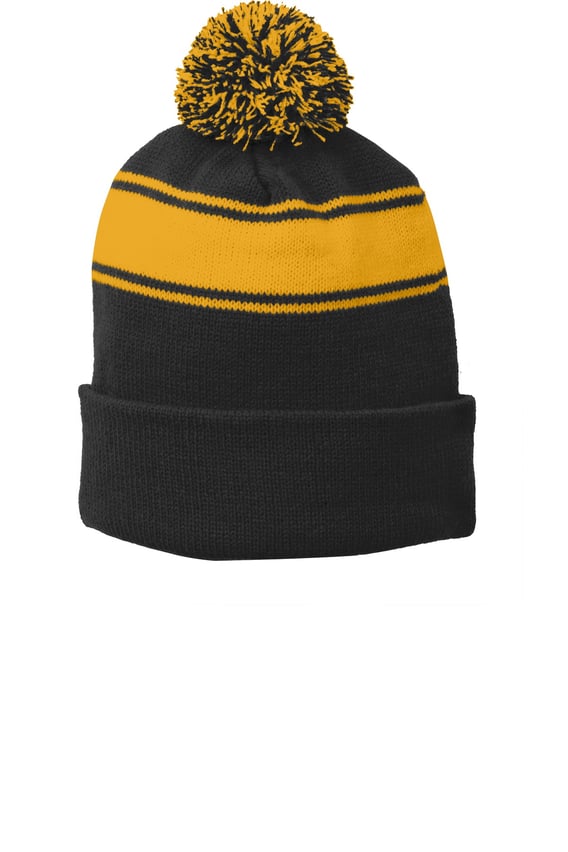 Front view of Stripe Pom Pom Beanie