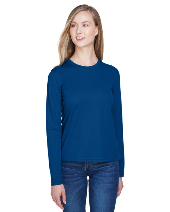 Front view of Ladies’ Agility Performance Long-Sleeve Piqué Rewneck