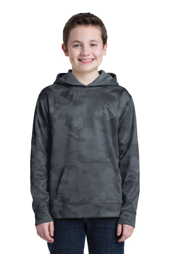 Front view of Youth Sport-Wick® CamoHex Fleece Hooded Pullover