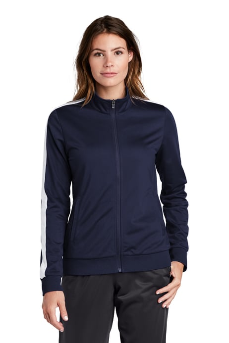 Front view of Ladies Tricot Sleeve Stripe Track Jacket