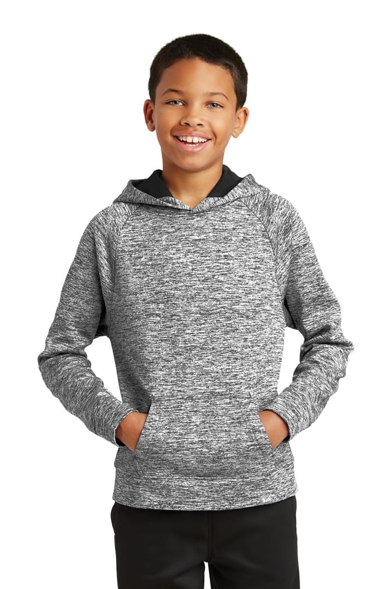 Front view of Youth PosiCharge® Electric Heather Fleece Hooded Pullover
