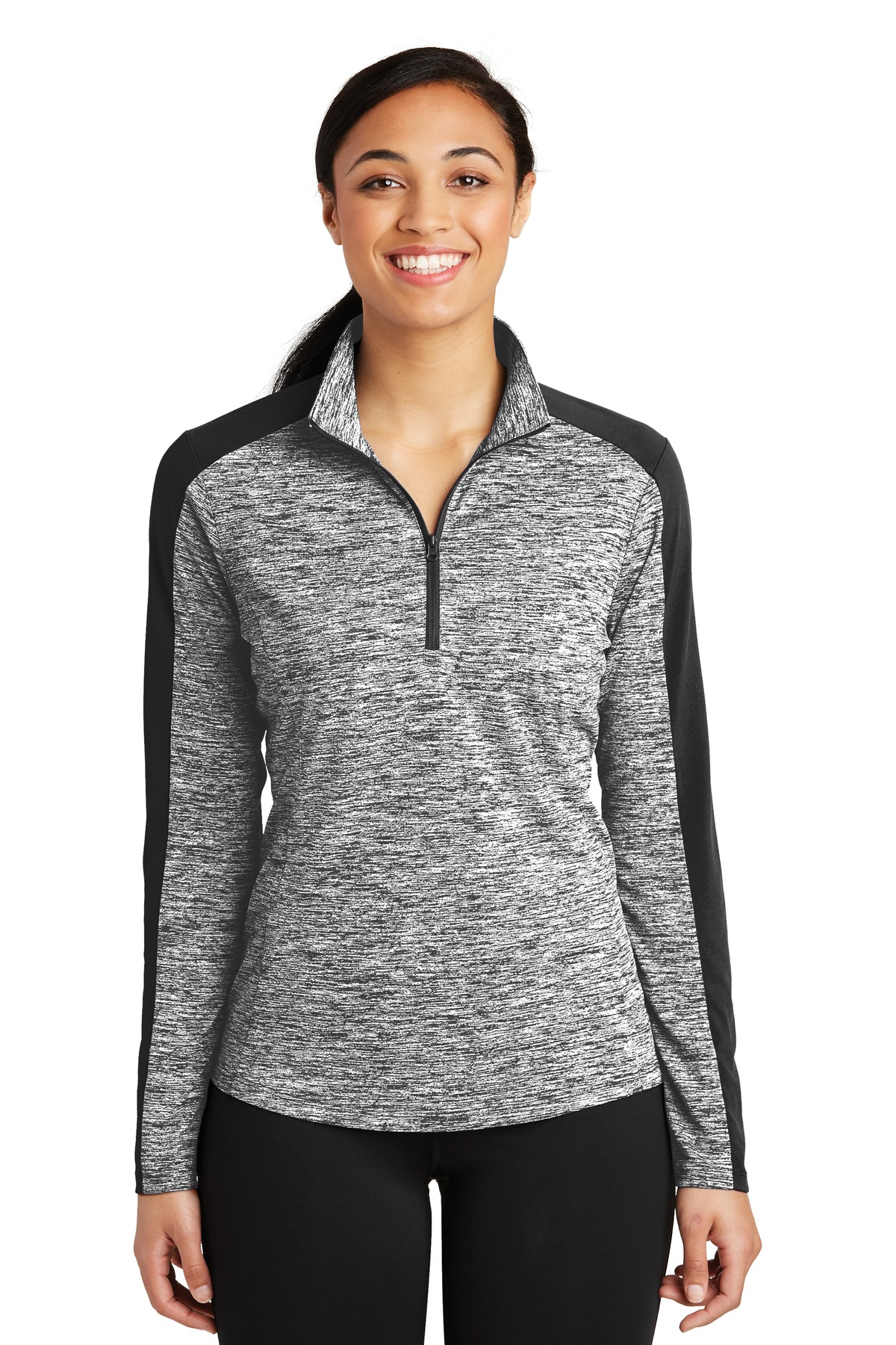 Front view of Ladies PosiCharge® Electric Heather Colorblock 1/4-Zip Pullover