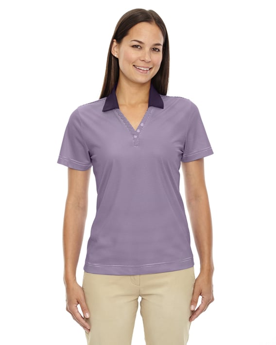 Front view of Ladies’ Eperformance Launch Snag Protection Striped Polo