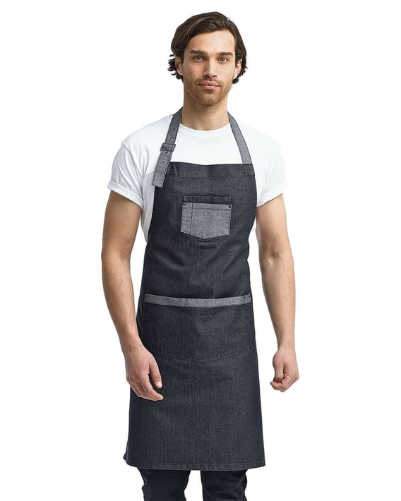 Front view of Domain Contrast Denim Bib Apron With Pocket