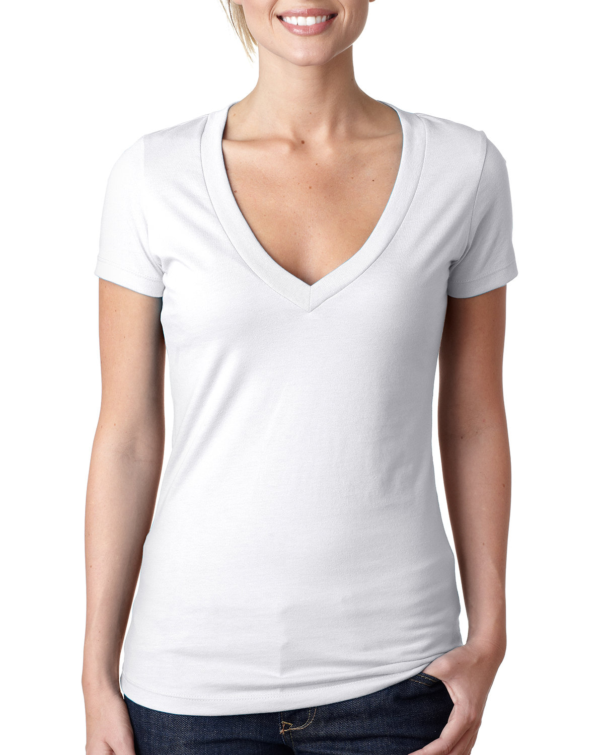 Front view of Ladies’ CVC Deep V-Neck T-Shirt